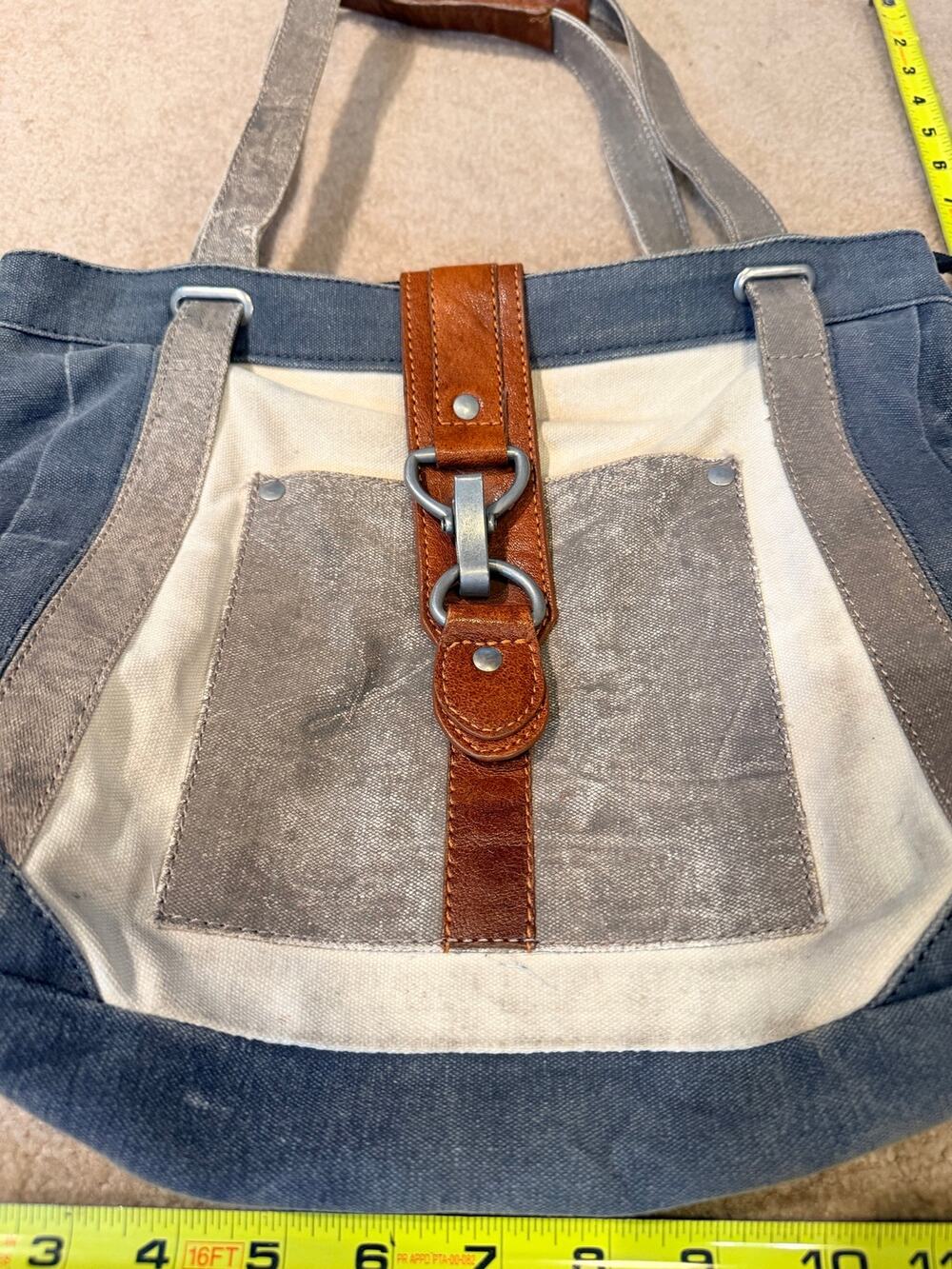 Mona B Upcycled Canvas Tote Handbag Blue Brown Vegan Leather Shoulder Bag Purse